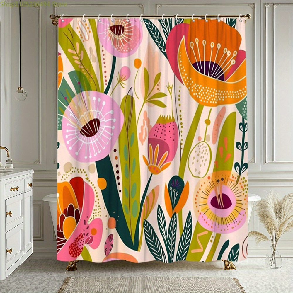 Home Bathroom Design Ideas - 鮮やかな花柄のシャワーカーテン、抽象的な植物デザイン、家の装飾用の防水バスライナー、心地よいバスルームのアイデア