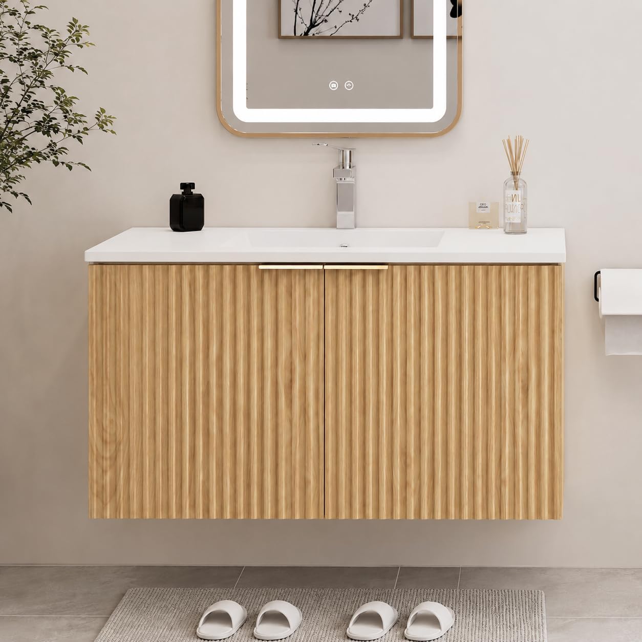 Home Bathroom Vanity - モダンなフローティング式洗面化粧台、波状テクスチャの扉付き壁掛け収納キャビネット、ソフトクローズヒンジ、セラミック製洗面ボウル、家庭用トイレオーガナイザー