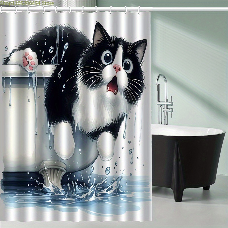 Home Bathroom Design Ideas - 浴槽から飛び出す面白い猫のシャワーカーテン、かわいいペットのスプラッシュデザイン、家の装飾用の防水バスライナー、居心地の良いバスルームのアイデア