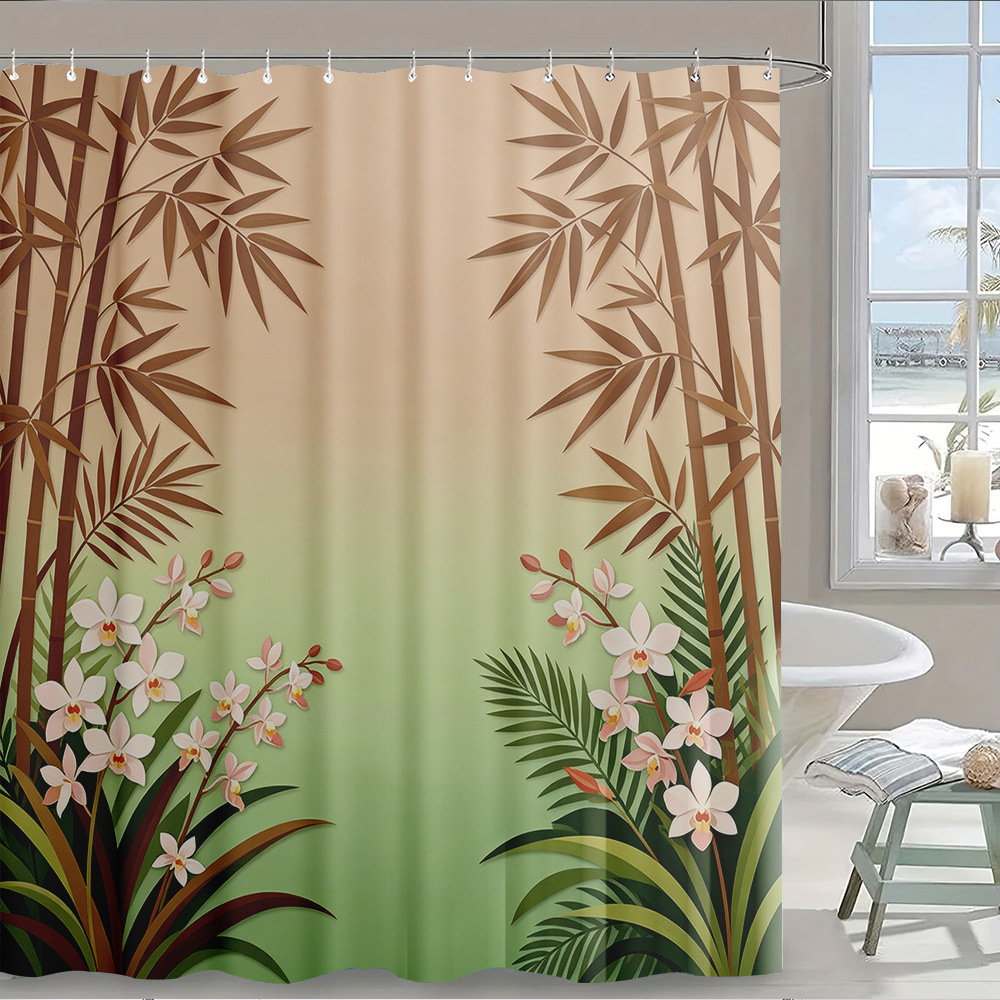 Home Bathroom Design Ideas - 防水植物柄トロピカルシャワーカーテン ジャングルプリント 葉っぱ模様の竹蘭デザイン バスルームシャワーライナー ホームデコレーション ギフトアイデア