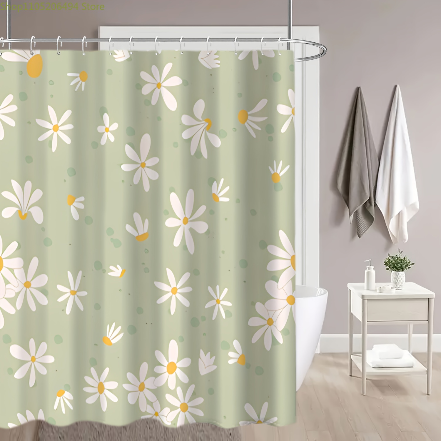 Home Bathroom Design Ideas - かわいいデイジーフラワーシャワーカーテン、パステルグリーンのパターンデザイン、家の装飾用防水バスライナー、居心地の良いバスルームのアイデア
