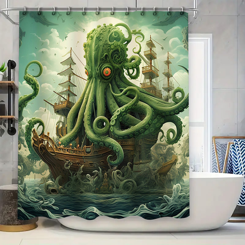 Home Bathroom Ideas - タコ船シャワーカーテンシュールなマリン装飾グリーンブルー防水バスマットセットホームバスルームアクセサリーユニークなギフトアイデア f