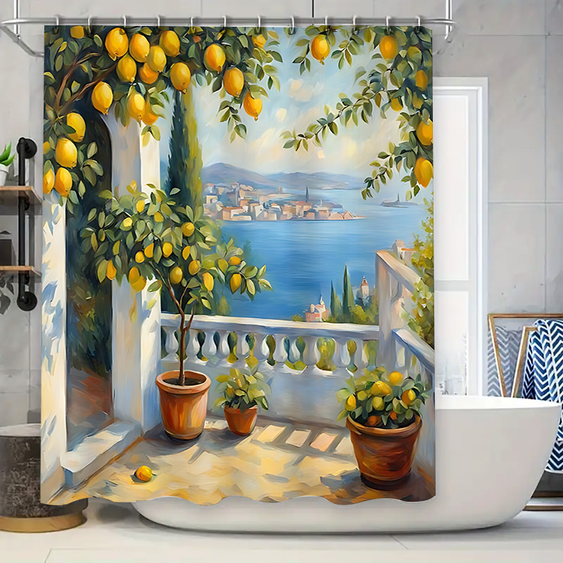 Home Bathroom Design Ideas - 地中海レモンガーデンシャワーカーテン、海岸ヴィラ風デザイン、防水バスライナー、家の装飾用、心地よいバスルームのアイデア