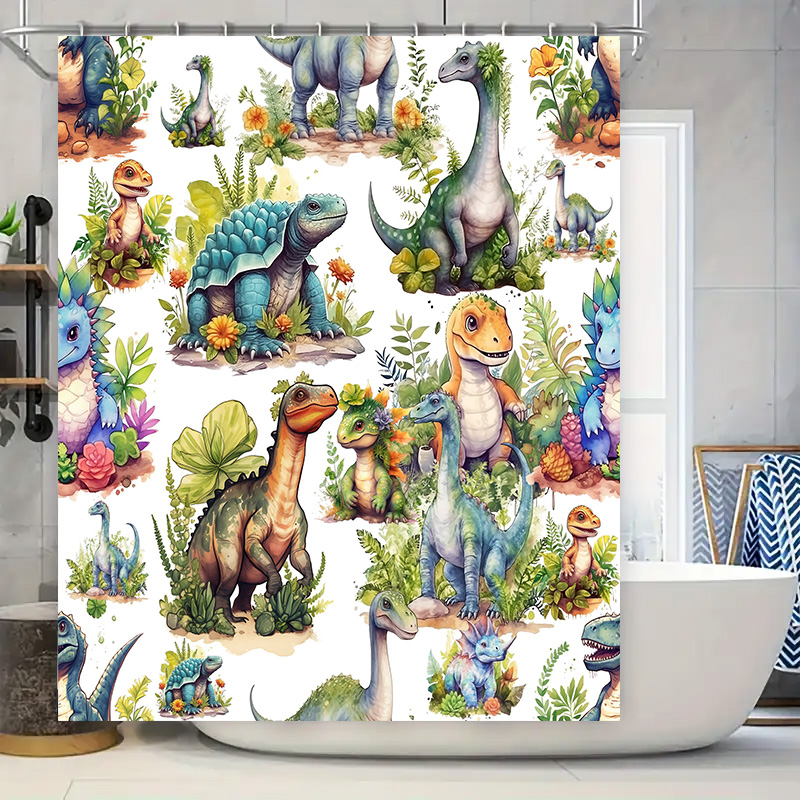 Home Bathroom Design Ideas - カラフルな恐竜シャワーカーテン: 先史時代の世界デザイン、バスルームの装飾用、防水生地プリント、ホームアクセサリー、ギフトアイデア