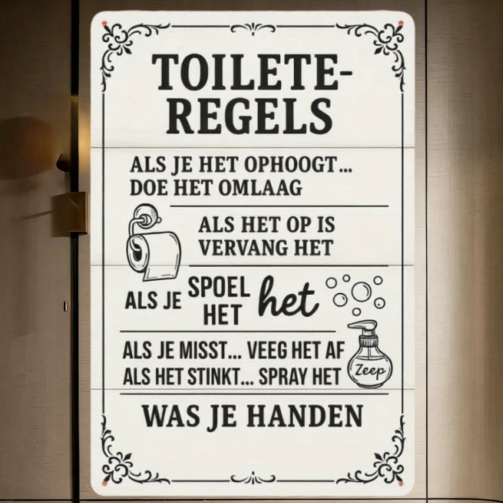 Home Bathroom Etiquette - 2Dオランダ風バスルームルールメタルサイン - 厚い鉄製トイレマナーのポスター（トイレットペーパーのアイコン付き）レトロな壁掛け飾り、家庭、カフェ、パーティー、ギフトに