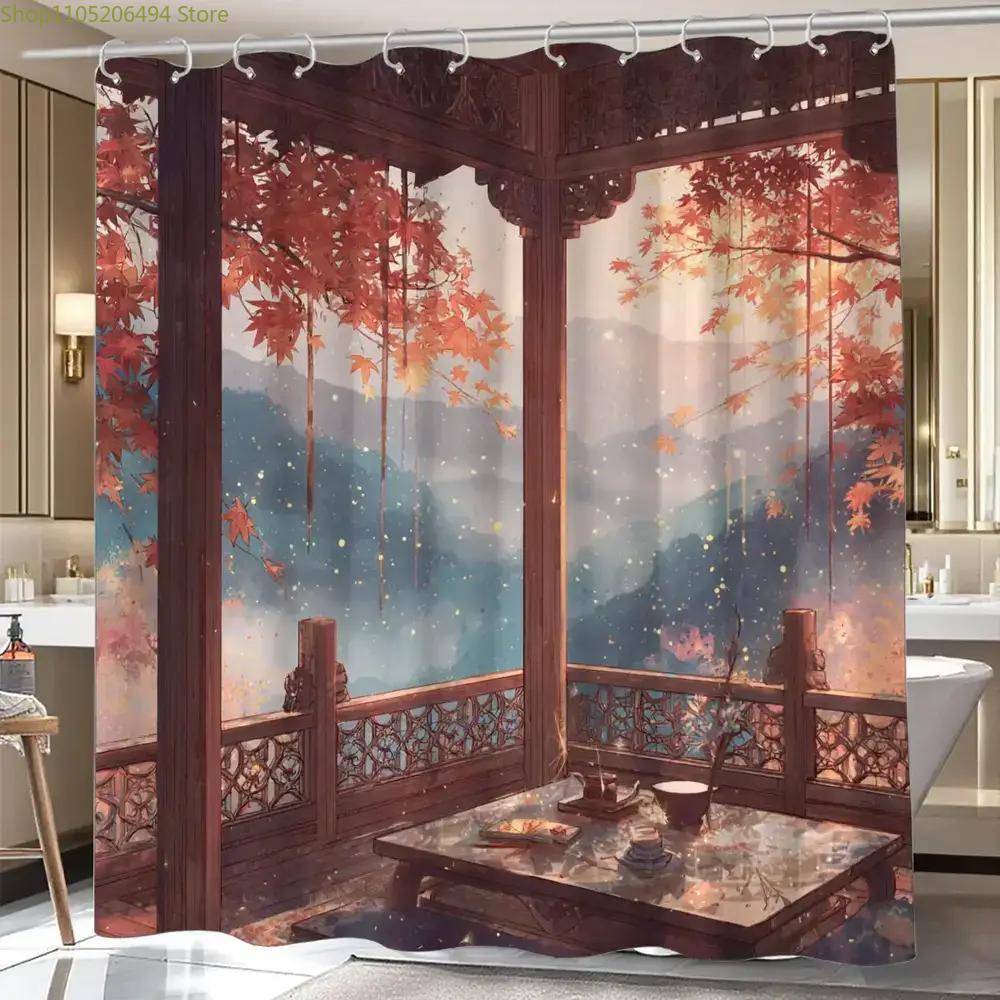 Home Bathroom Design Ideas - 中国の秋の庭園風シャワーカーテン、伝統的な庭園風デザイン、家の装飾用の防水バスライナー、居心地の良いバスルームのアイデア