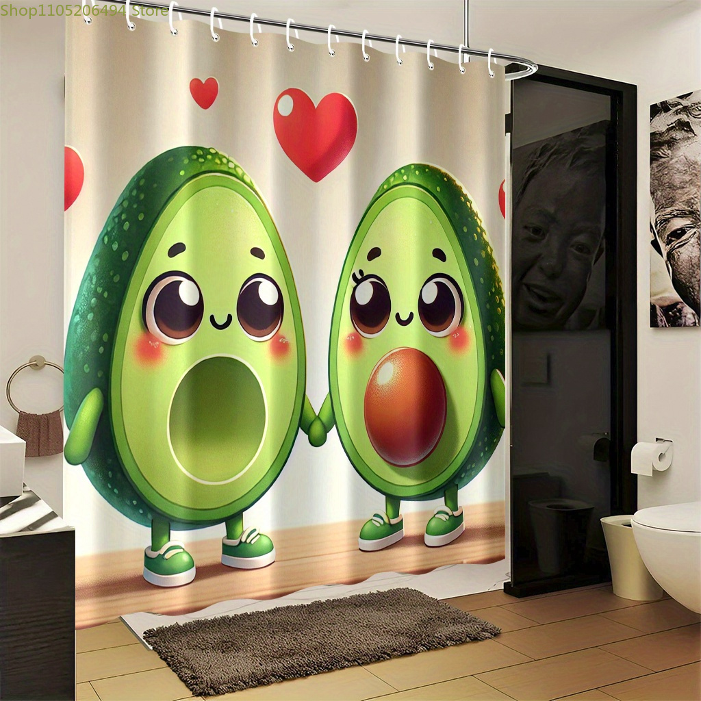 Home Bathroom Design Ideas - かわいいアボカドカップルシャワーカーテン、カワイイ愛のフルーツデザイン、防水バスライナー、家の装飾用、心地よいバスルームのアイデア