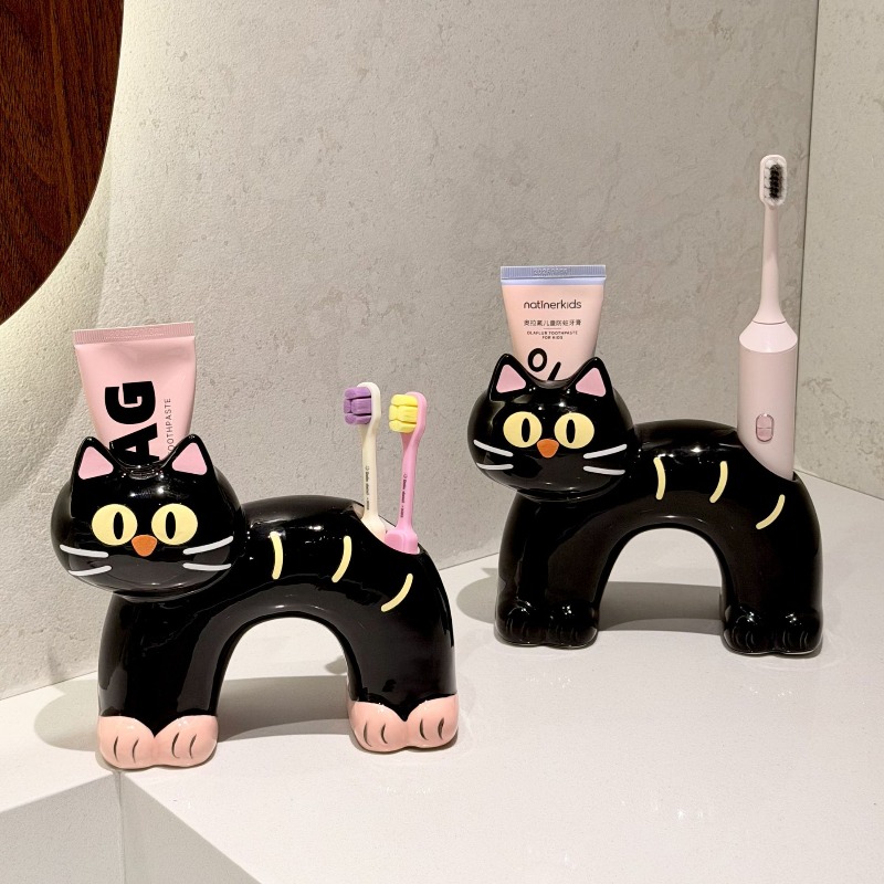 Home Bathroom Model - パーソナライズされたクリエイティブで可愛い黒猫型のバスルーム収納ラック、歯ブラシホルダー、歯磨き粉、洗面台用収納ベース