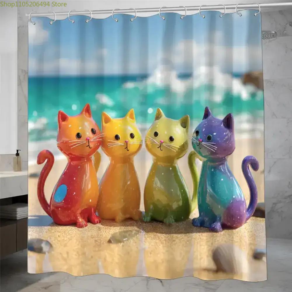 Home Bathroom Design Ideas - カラフルなレインボーキャッツシャワーカーテン、ビーチ上のキュートな漫画の子猫デザイン、防水バスライナー、家の装飾用、居心地の良いバスルームのアイデアに。