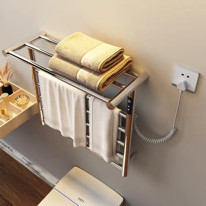 Towel Warmer Electric - モダンなバスルーム用電気タオルウォーマー、収納ラック付き、棚付き電気加熱タオルラック、加熱乾燥タオルウォーマー