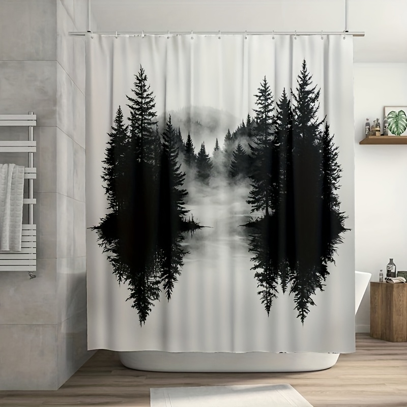 Home Bathroom Ideas - 霧の森の木の森柄シャワーカーテン自然プリントバスルーム装飾黒と白の木防水ライナー素朴な家の装飾のアイデア