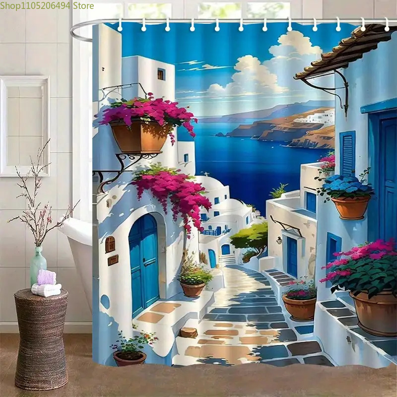 Home Bathroom Design Ideas - サントリーニ島ギリシャ島シャワーカーテンブルーホワイトヴィレッジシービューデザイン防水バスライナー家の装飾用居心地の良いバスルームアイデア