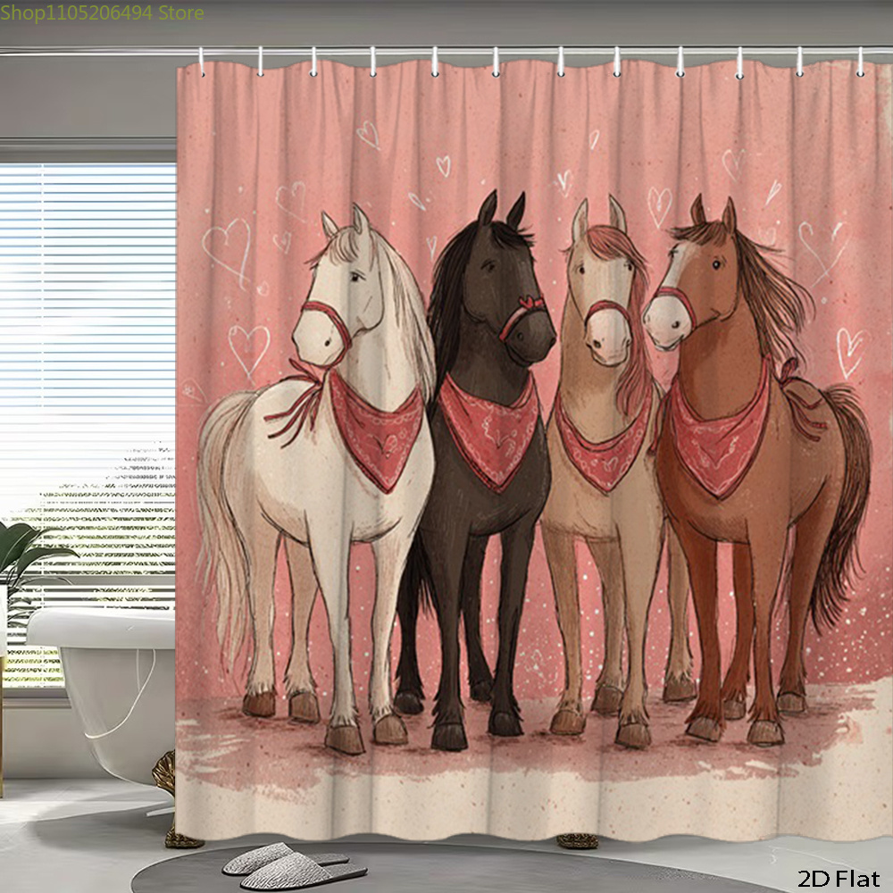 Home Bathroom Design Ideas - かわいい馬のシャワーカーテン、漫画の動物デザイン、家の装飾用の防水バスライナー、居心地の良いバスルームのアイデア、複数のサイズをご用意