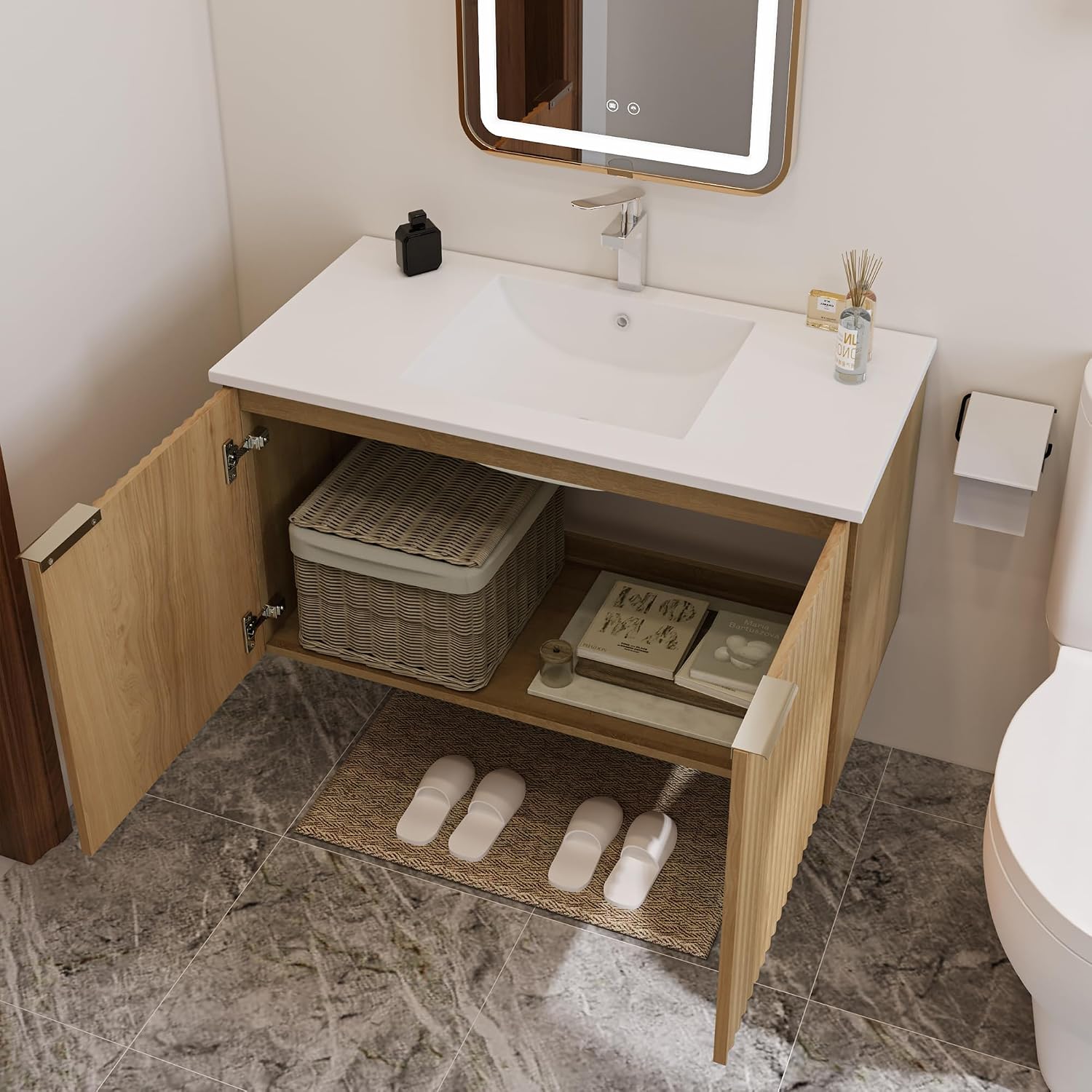 モダンなフローティング式洗面化粧台、波状テクスチャの扉付き壁 - Home Bathroom Vanity のレビューと価格