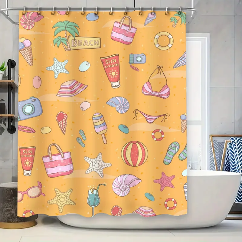 ビーチサマーテーマのシャワーカーテン、かわいいバケーションパ - Home Bathroom Design Ideas のレビューと価格