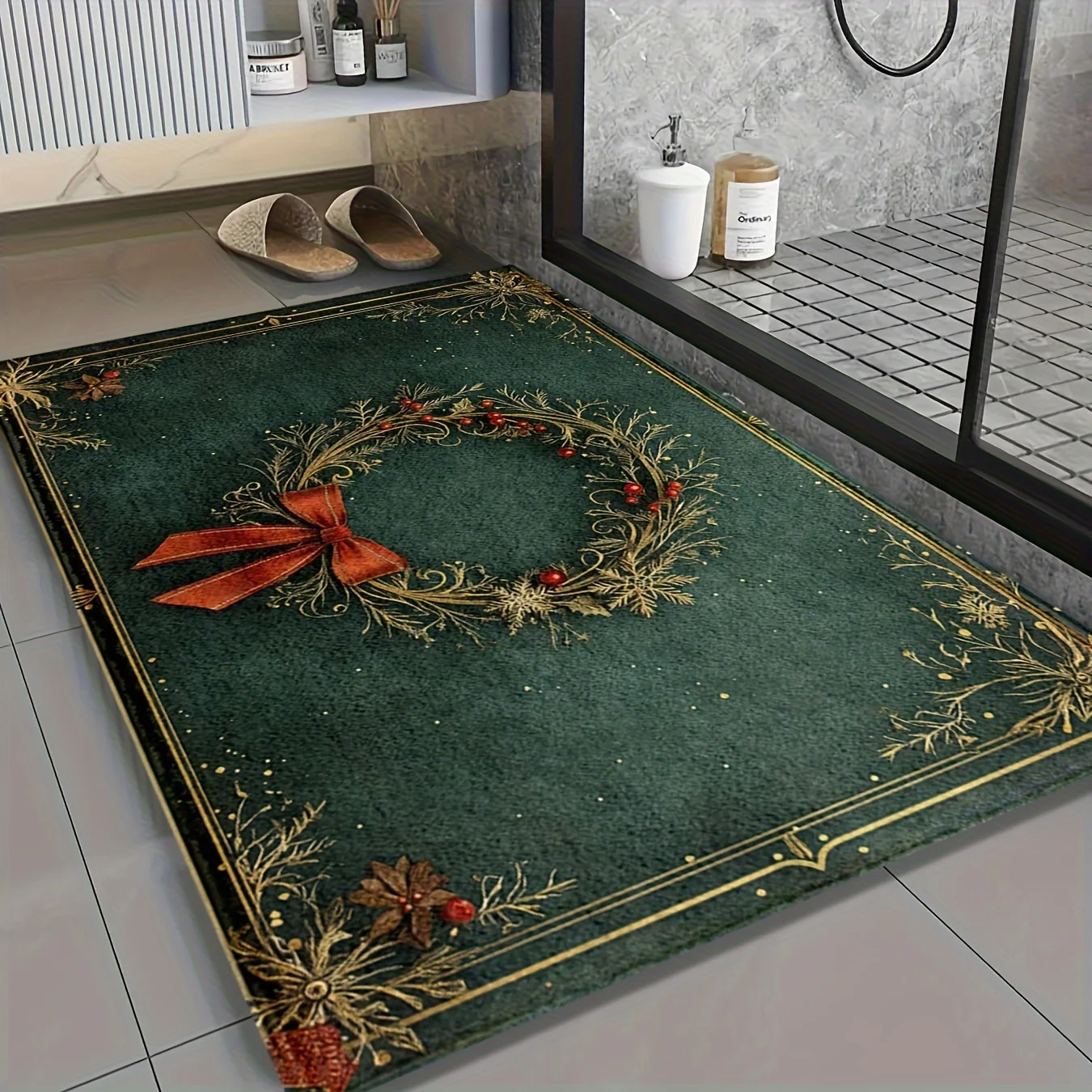 クリスマスリースプリントフランネルバスマットエレガントなホリ - Home Bathroom Design Ideas のレビューと価格