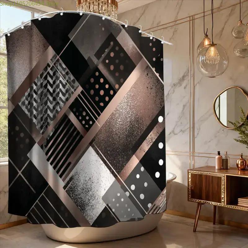 モダンな幾何学模様の抽象的なシャワーカーテン、黒とグレーのパ - Home Bathroom Design Ideas のレビューと価格