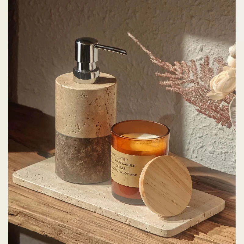 トラバーチン製バスルームローションディスペンサーセット、洗面 - Home Bathroom Vanity のレビューと価格