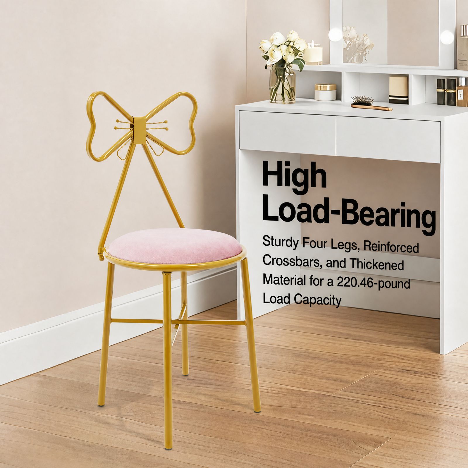 ピンクの蝶の背もたれ付き化粧椅子 ゴールドプラスチック塗装鉄 - Home Bathroom Vanity のレビューと価格