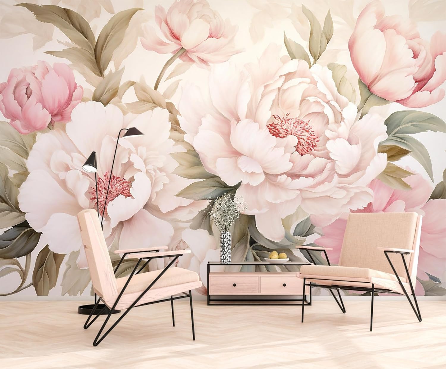 エレガントな牡丹の花柄壁画壁紙化粧台デスクメイクアップテーブ - Home Bathroom Vanity のレビューと価格