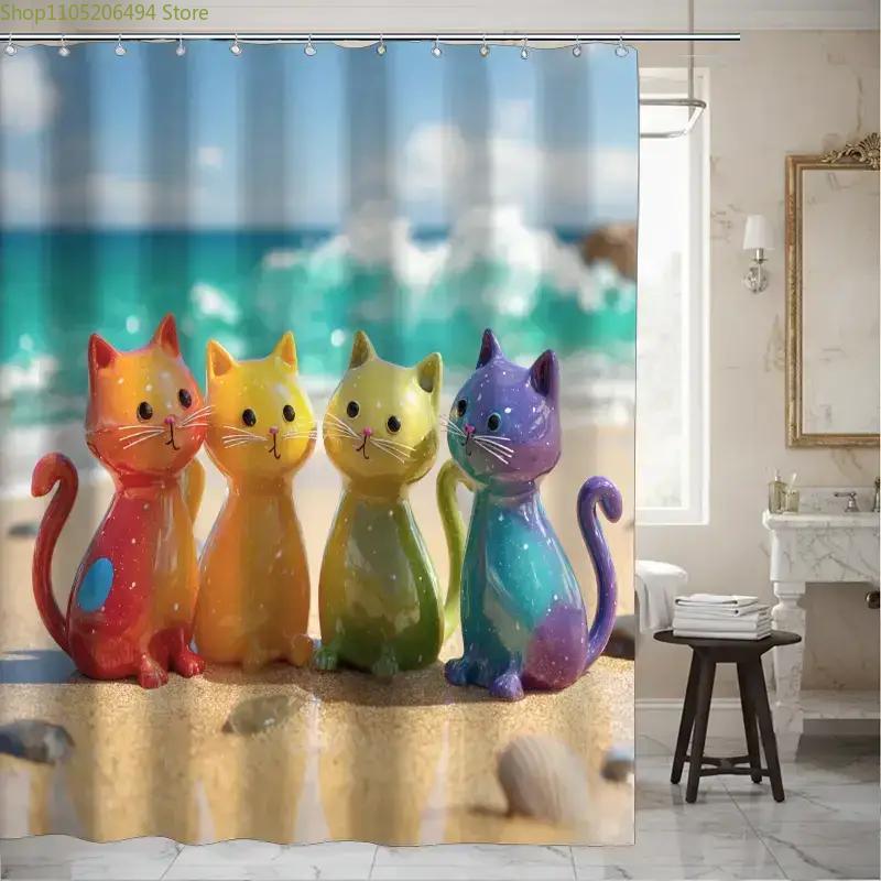 カラフルなレインボーキャッツシャワーカーテン、ビーチ上のキュ - Home Bathroom Design Ideas のレビューと価格