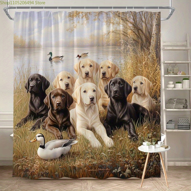 ラブラドール犬ファミリーシャワーカーテン、アヒルのシーンデザ - Home Bathroom Design Ideas のレビューと価格