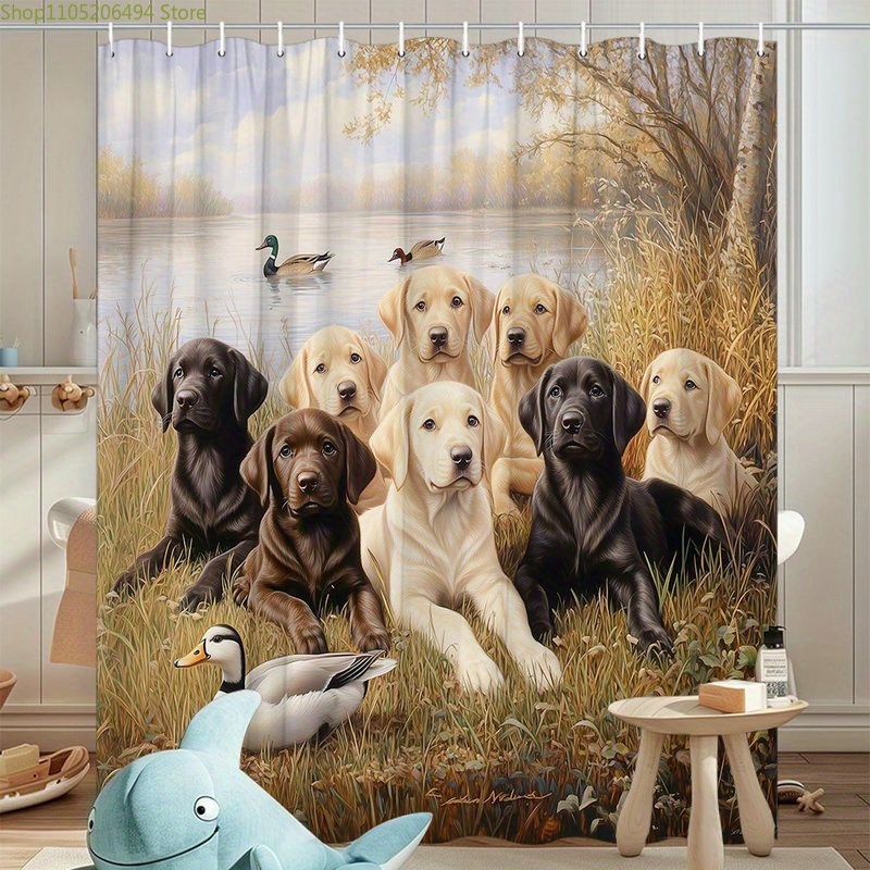 ラブラドール犬ファミリーシャワーカーテン、アヒルのシーンデザ - Home Bathroom Design Ideas のレビューと価格