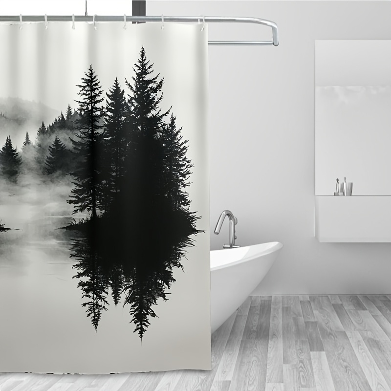 霧の森の木の森柄シャワーカーテン自然プリントバスルーム装飾黒 - Home Bathroom Ideas のレビューと価格