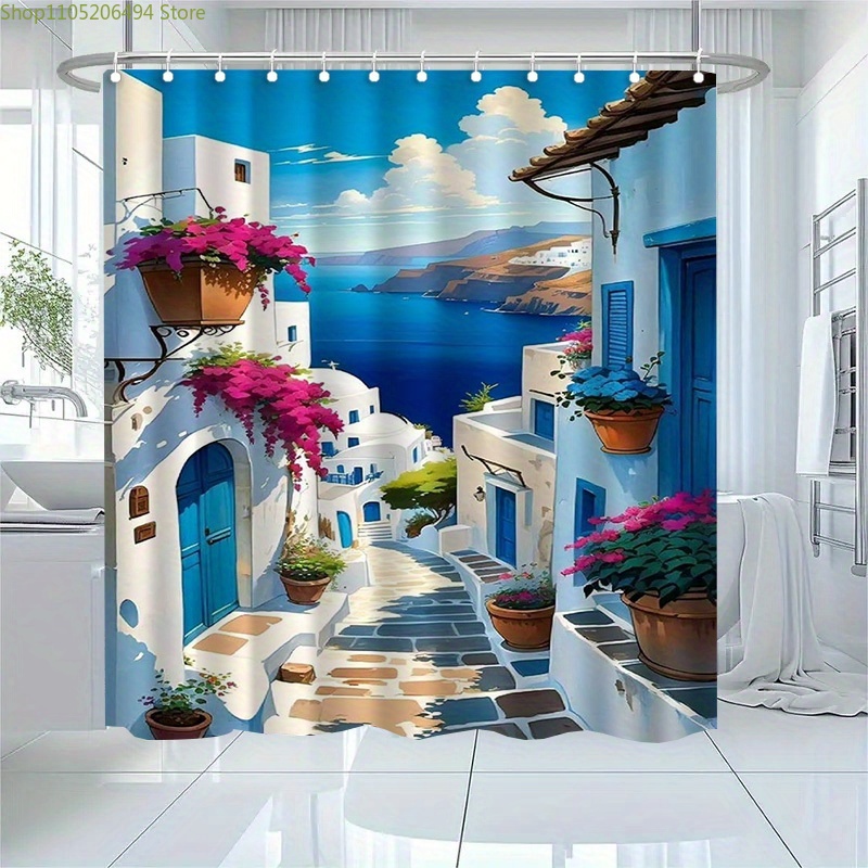 サントリーニ島ギリシャ島シャワーカーテンブルーホワイトヴィレ - Home Bathroom Design Ideas のレビューと価格