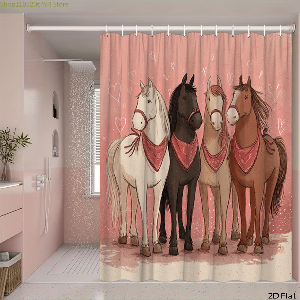 かわいい馬のシャワーカーテン、漫画の動物デザイン、家の装飾用 - Home Bathroom Design Ideas のレビューと価格